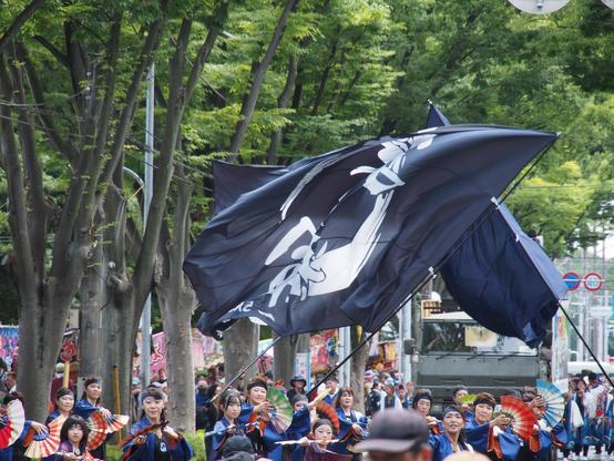 A telephoto shot down the street towards a large group of dancers visible from the shoulder up, mid performance they hold colourful hand fans out in a variety of poses. Two huge black flags with white kanji wave above them. Behind the tall trees on the far side of the street are glimpses of festival crowds and food stalls.