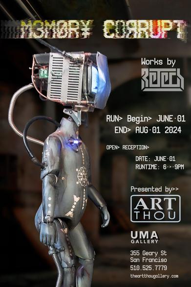 Postcard image featuring an android sculpture with a human form body and a CRT head. Dates were June to August '24. Title: Memory Corrupt