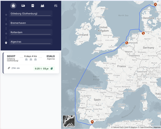 A map showing the sea route from Goteborg to Malaga