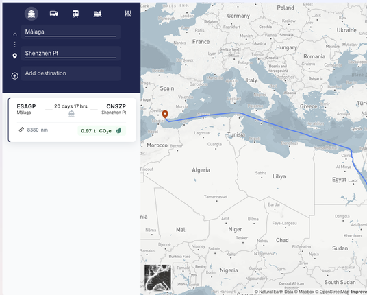 A sea route map of the journey through the Mediterranean, to Suez