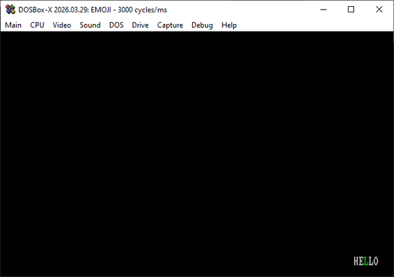 a screenshot of "EMOJI.COM" running in DosBox-X, showing a black screen with "HELLO" in the lower right. One of the capital letter L's is green.