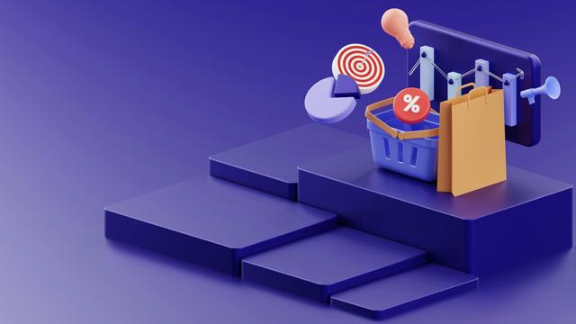 Photo illustration of an online shopping basket, target, percent symbol, chart, and megaphone on a purple background, representing e-commerce and digital marketing.
image source: Growtika on Unsplash