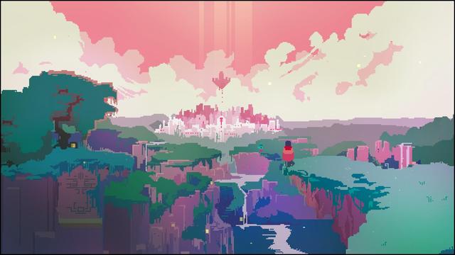 A cloaked traveler and floaty robot companion stand on a grassy scenic overlook, a vast city off in the distance.