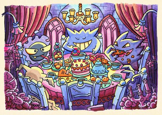 A very colourful hand drawn line art drawing depicting the pokemons gengar, haunter, and ghastly, sitting at a high tea table and having a scrumptious coxy high team with all kinds of snacks and drinks. Gengar is dunking a donut in his coffee. Ghastly drinks a nice tea through a straw and Haunter is munching a cookie.