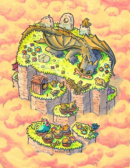 A top down view of dragon toothless sitting on a rock formation hight up above the fluffy clouds. It’s a warm golden hour. Toothless is dropping a fish on the floorbed and black birds approach him. It seems he is bringing them food.
