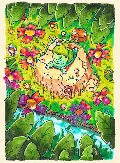 A drawing of pokemon bulbasaur standing on a little rock and just absolutely BASKING in the sun. Taking it all in. Surrounded by green lush leafs and tropical venusaur flowers. Tropical leafs cast a shadow.