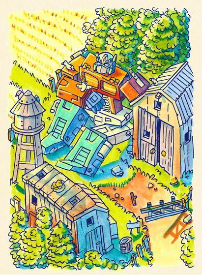 A colourful chill isometric drawing. hand drawn and coloured. Optimus is chilling, sitting behind a barn in a farmland. looking at the birds that just landed on his arm. It’s a nice summer sunset.