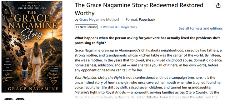 Campaign update for New Mexico candidate Grace Nagamine (Independent) for state representative district 51.

Her new book is a top release in the western US!

https://graceforhd51.org/

https://www.facebook.com/GraceForHD51

https://www.amazon.com/dp/B0HD8V7DJ1