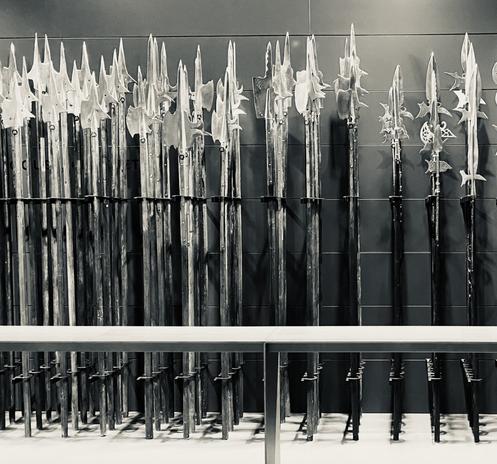 Different styles of halberds (old school on left, ornate and for officers on the right)