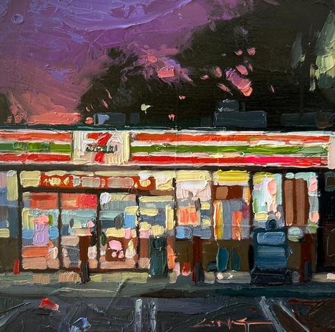 Oil on wood painting of a 7-11 from the parking lot at magic hour. The primary source of light in the painting is the 7-11 sign. The blue and pink glow of the fading day filters through trees behind the store.