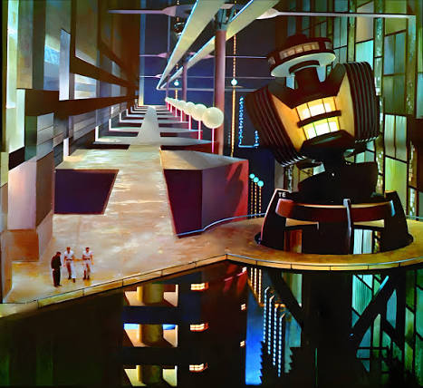 Three men on a futuristic platform, looking down into an abyss. The one on the right is thinking, "Wow, this water's deep."