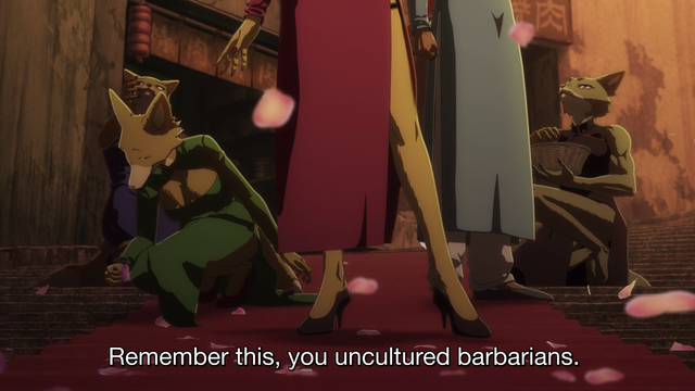 A still frame from the anime "Beastars". The Inari-Gumi, a criminal gang of fox ladies who dress stylishly, are rolling out the red carpet for themselves while intimidating their adversaries.