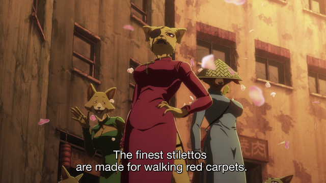 A still frame from the anime "Beastars". The Inari-Gumi, a criminal gang of fox ladies, are shown in better detail. Their leader wears an eyepatch and a red dress, professing the purpose of the finest stiletto heels. Their enforcer, in blue, looms mysteriously behind a conical hat. And miss enthusiasm, in green, is just happy to be here.