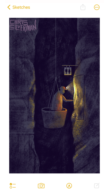 A deep vertical shaft through dull gray rock. Lowering down through it in a bucket is a person wearing a construction helmet with a bright light on it. The light is illuminating a door in the stone wall. Hanging above the door is a small bathroom sign. The painting is signed "Chris Silverman".