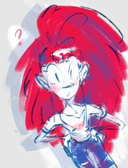 sketches of Stella, lady with huge red hair and pointy nose