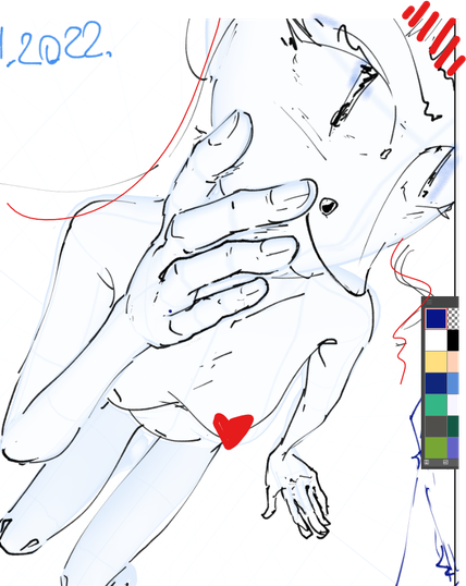 sketches of Stella, lady with huge red hair and pointy nose