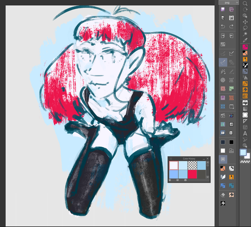 sketches of Stella, lady with huge red hair and pointy nose
