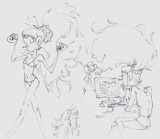 sketches of Stella, lady with huge red hair and pointy nose