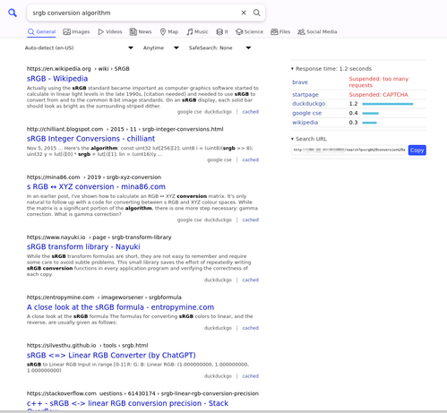 searxng results for srgb conversion algorithm. results on the left side. on the right side response time for various engines it used, and the search url