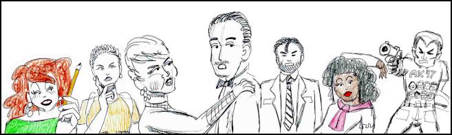 An illustration of several characters from my recent comics, from left to right. A red haired woman holding a pencil. A short haired woman looking pensive. Another short haired woman embracing a man with a mustache and wearing a bowtie. A detective in a trenchcoat and unshaved face. A black woman posing like a fashion model. A man holding a gun.