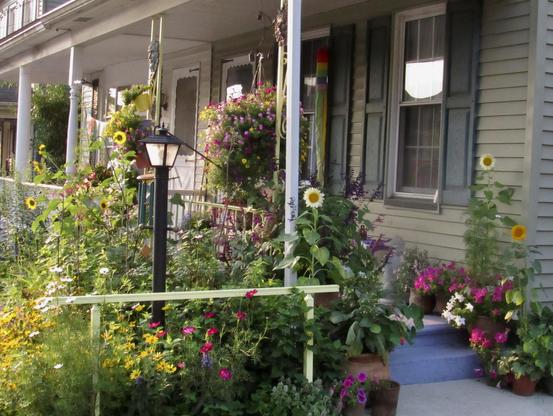A lavender-blue front porch and a strip of front garden. There are flowers in containers on the steps, a big hanging basket blooming prodigiously, little pastel buckets on the pale yellow porch railings, little sunflowers (little for sunflowers but not actually small) here and there, some with yellow petals, some with white petals and yellow centers. It is a riot of color and somewhere in there is a rainbow windsock. All in bright morning light.