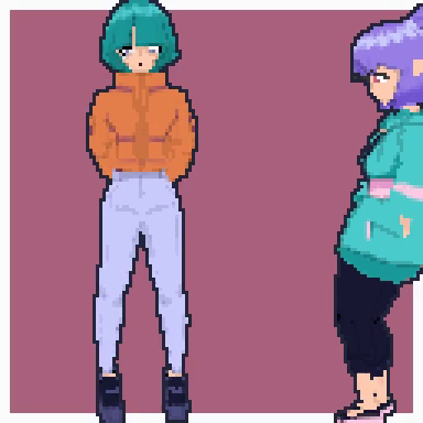 animated pixel art gif: A girl with green hair and an orange jacket, and a girl with purple hair and a green jacket, are shifting around impatiently. purple-hair leans against the side of the frame. They both shift their gaze in your direction at the same time. Purple hair pushes off the wall as they both wave casually to you.