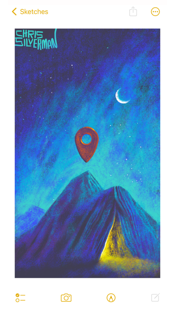 A dark mountain range under a deep blue starry night sky. Above the mountains is a light scattering of blue clouds. Hovering above one of the mountain peaks is a reddish object that looks like the location pin in Google maps. In the sky to the right is a white crescent moon. Below is a triangular cave in the mountain side, yellow light spilling out of the opening. The painting is signed "Chris Silverman".