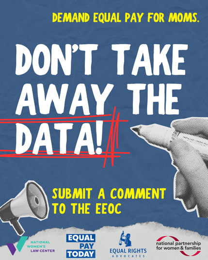 Graphic saying 'Don't take away the data!' image of a hand drawing a red outline around the word 'data'. In yellow text: Submit a comment to the EEOC. A megaphone.