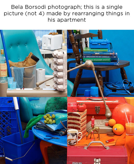 A photo of dozens of colorful household objects (table, lamp, boot, egg carton, grapes, toolboxes, etc.) arranged into an optical illusion so as to appear to be four separate photos.
