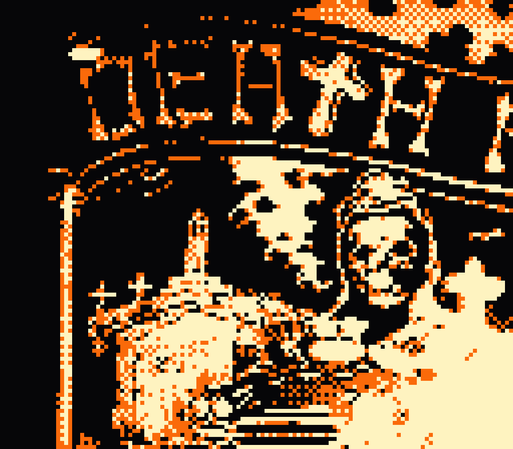 pixelated photo of the arcade game "death race", with a skeleton and text reading DEATH