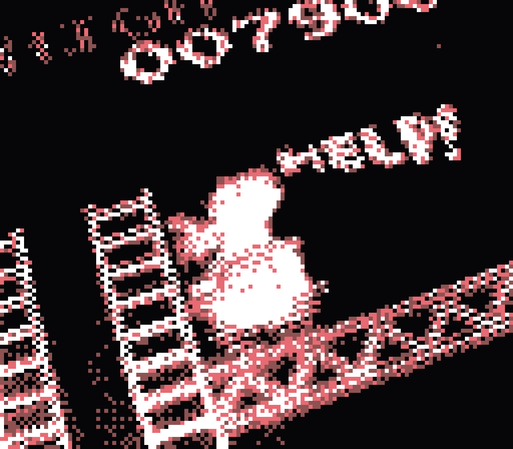 pixelated photo of the donkey kong arcade game, with pauline yelling "HELP!"