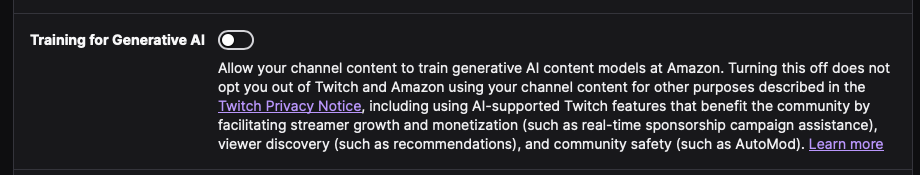 A screenshot of the Twitch "Training for Generative AI" setting being disabled.