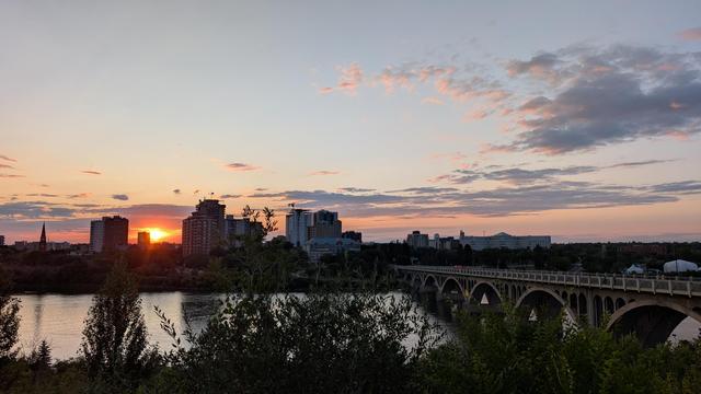 Sunset over Saskatoon, Canada. River is shown