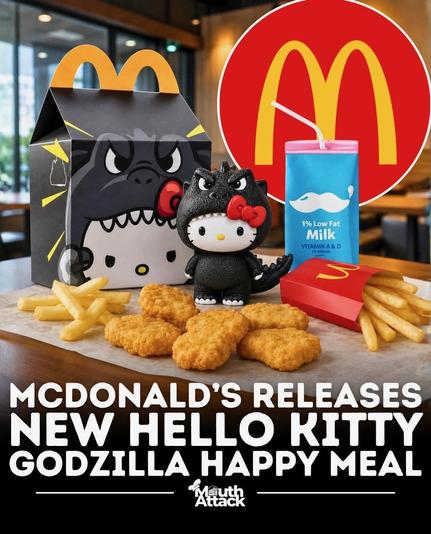 A graphic showing McDonald’s new Hello Kitty Godzilla Happy Meal.