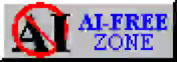 Classic animated 31×88px HTML button design with an rotating "AI" behind a pulsing  circle-backslash prohibition sign. To its left blue text flashes reading "AI-FREE ZONE"