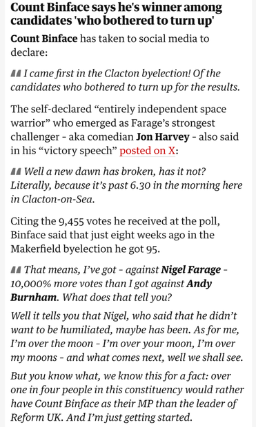 Count Binface says he's winner among candidates 'who bothered to turn up'

Count Binface has taken to social media to declare:

I came first in the Clacton byelection! Of the candidates who bothered to turn up for the results.

The self-declared “entirely independent space warrior” who emerged as Farage’s strongest challenger – aka comedian Jon Harvey – also said in his “victory speech” posted on X:

Well a new dawn has broken, has it not? Literally, because it’s past 6.30 in the morning here in Clacton-on-Sea.

Citing the 9,455 votes he received at the poll, Binface said that just eight weeks ago in the Makerfield byelection he got 95.

That means, I’ve got – against Nigel Farage – 10,000% more votes than I got against Andy Burnham. What does that tell you?

Well it tells you that Nigel, who said that he didn’t want to be humiliated, maybe has been. As for me, I’m over the moon – I’m over your moon, I’m over my moons – and what comes next, well we shall see.

But you know what, we know this for a fact: over one in four people in this constituency would rather have Count Binface as their MP than the leader of Reform UK. And I’m just getting started.