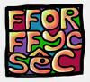 Colourful graphic with the words FFOR FFYCS SÊC (for fuck's sake) arranged inside a square frame.