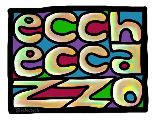 Colourful graphic with the word ECCHECCAZZO (for fuck's sake) arranged inside a square frame
