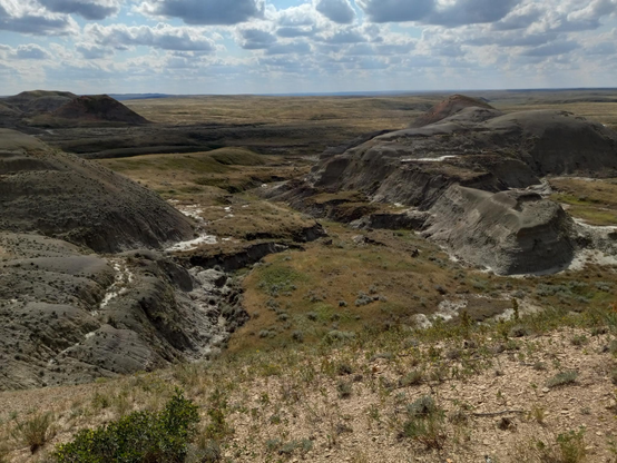 A view from above a valley with weird crumbly hills (badlands), under perfect puffy clouds in a blue sky, marching off toward the perfectly flat distant horizon at nearly infinity.