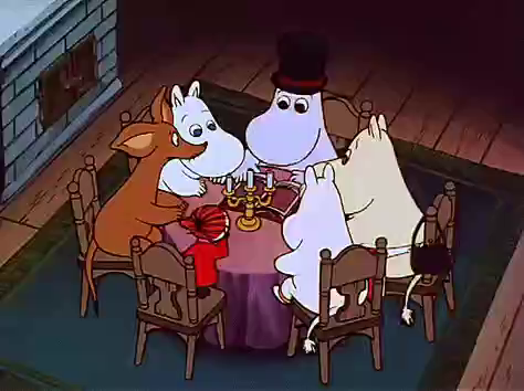 Colour gif of the Moomin family sitting around a table by the fire with Sniff and Little My, listening to Moominpappa read a story.

Extract is from 'Moominsummer Madness'