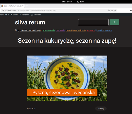 Zrzut mojej strony z przepisem na zupę z kukurydzy z tytułem „Sezon na kukurydzę, sezon na zupę!”