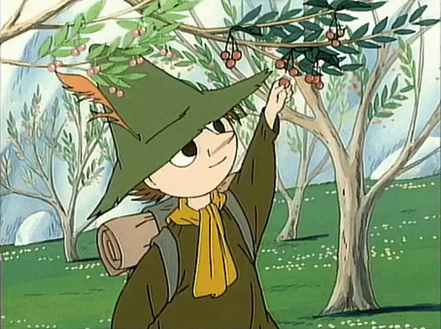 Colour gif of Snufkin foraging berries from a tree.

Quote is from 'Tales From Moominvalley'