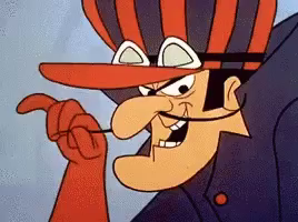 Animated GIF of cartoon character Dick Dastardly. He is wearing a purple and red striped cap, goggles, and a purple coat. He has a very long, thin mustache, the end of which he is twirling in his gloved fingers.