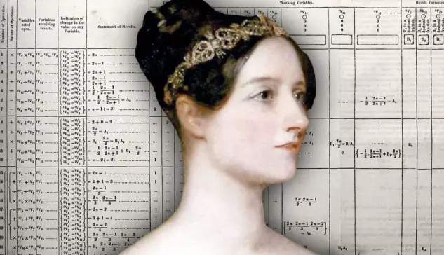 a portrait of ada lovelace superimposed over the world's first computer program