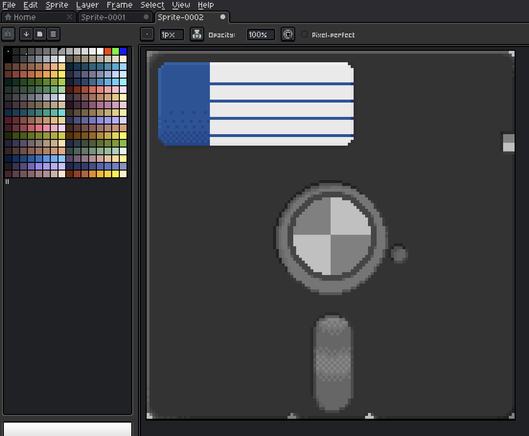 a screenshot of Aseprite showing the completed 5.25" floppy disk.