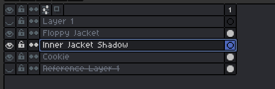 showing the layer stack in aseprite, with a new Floppy Jacket Shadow layer