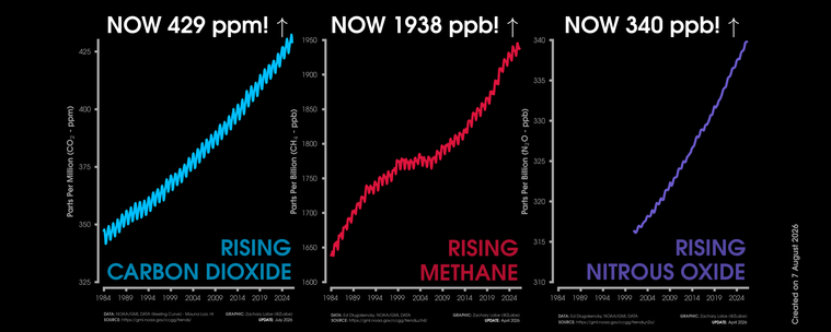 Graphic shows three line graph time series of monthly carbon dioxide abundance in ppm (blue line), monthly methane abundance in ppb (red line), and monthly nitrous oxide in ppb (purple line). Graphs are all shown from January 1984 through April 2026/July 2026. Current levels of CO2 are 429 ppm. Current levels of methane are 1938 ppb. Current levels of nitrous oxide are 340 ppb. All graphs show long-term increasing trends along with some interannual variability and seasonality.