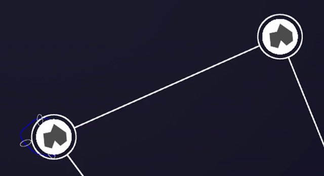 A debug view of wandering between 2 nodes creating chambers. There is a sequence of different convex shapes roughly walking from one node to the next, connected by boundary connectors
