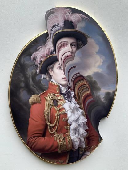 An oil portrait of an 18th-century military officer in a red, gold-trimmed uniform and a feathered hat. The canvas has a uniquely curved, cutout shape, and the center of the officer's face visually smears upward and outward in a fluid, distorted wave pattern.