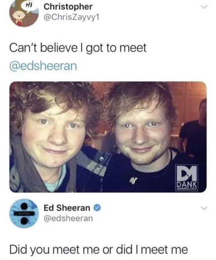 Screenshot of an X (Twitter) post showing a user posing next to an Ed Sheeran lookalike, captioned: "Can't believe I got to meet @edsheeran". Below, the official verified Ed Sheeran account replies: "Did you meet me or did I meet me".